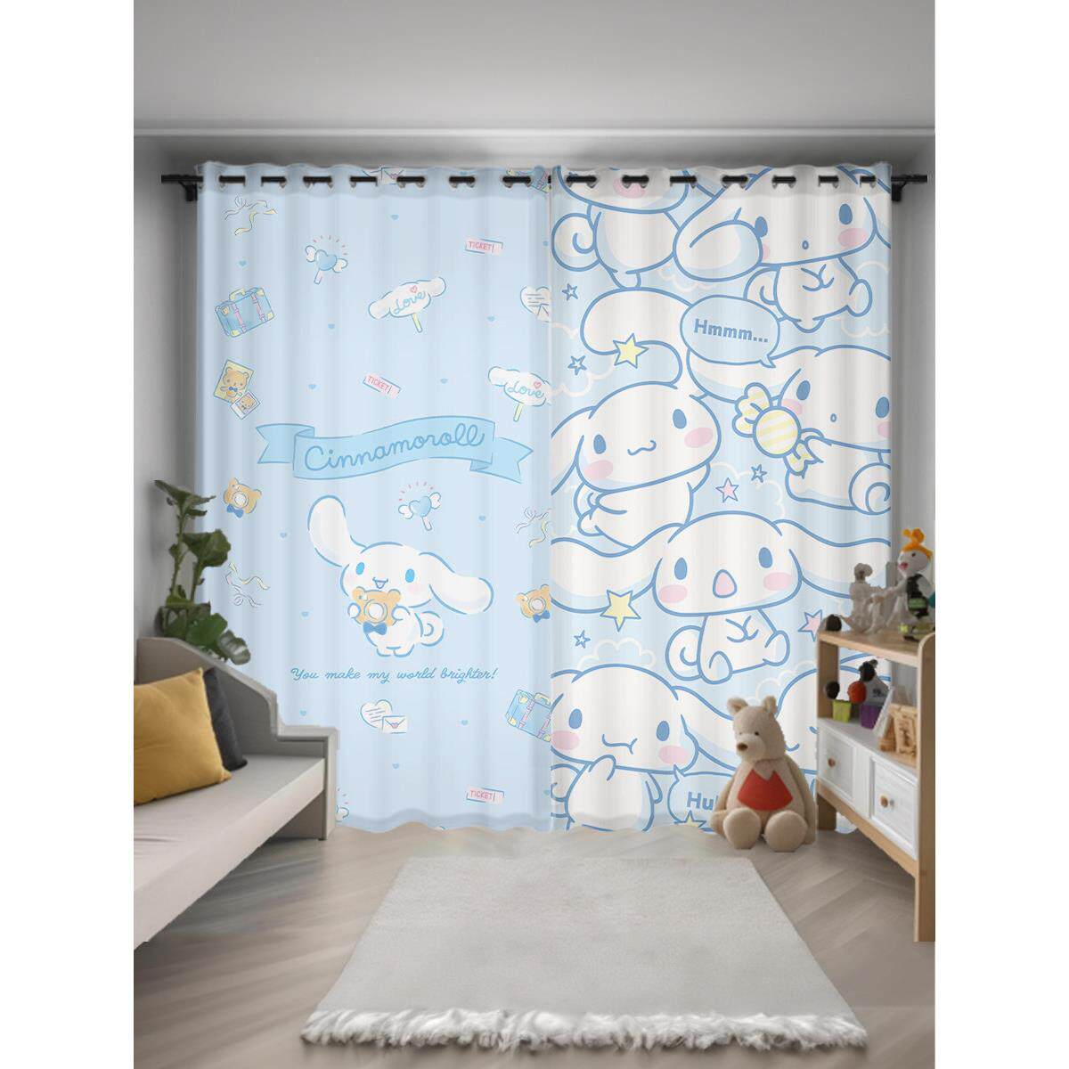 大耳玉桂狗窗帘卡通儿童房飘窗可爱女生卧室免打孔全遮光布料定制