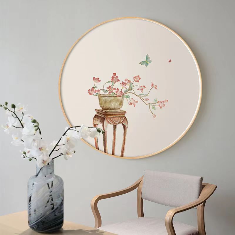 圆形装饰画新中式装饰画日式古风花卉玄关餐厅挂画现代客厅墙壁画图片