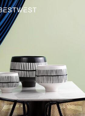 Bestwest简约黑白色条纹高脚陶瓷花盆高档家居样板间花瓶装饰品