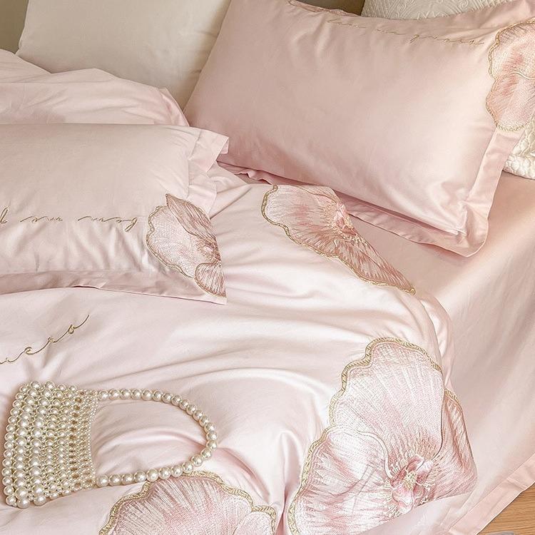 公主风四季款匹马棉全棉四件套花卉粉色刺绣纯棉被套床单床上用品