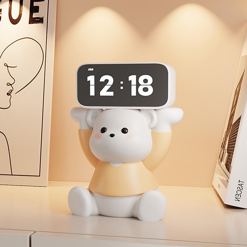 奶油风熊时钟摆件闹钟客厅卧室装饰品桌面摆放钟表台式创意电子钟