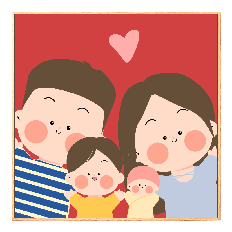 可爱全家福手绘定制数字油画diy填充色卡通一家人丙烯温馨装饰画图片