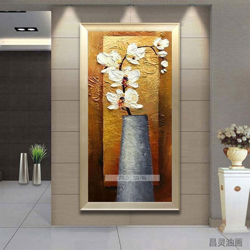 玄关装饰画 无框壁挂油画竖版走廊客餐厅复古幅立体画中式白兰花图片