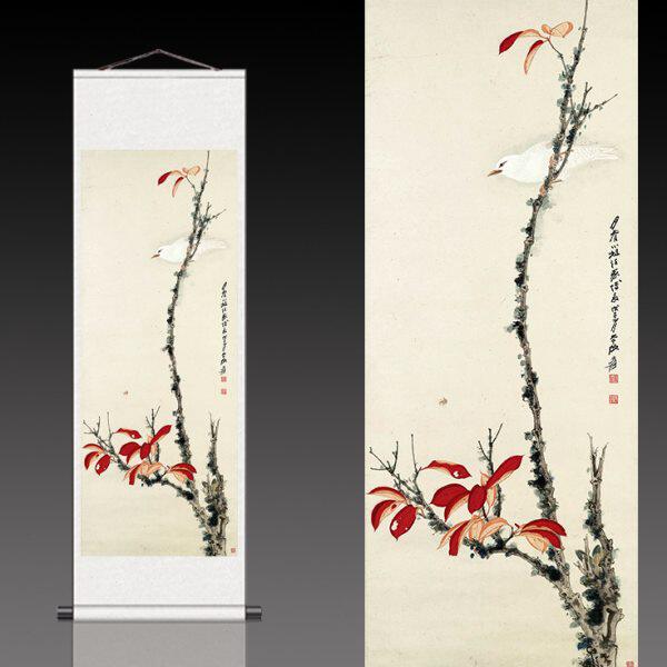 张大千桃花翠鸟丝绸画卷轴画仿古画已装裱可定制宣纸画装饰国画