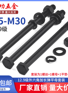 12.9级加长外六角螺丝弹平母套装高强度螺栓螺母大全m10m12m16m20