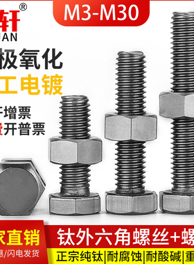 TA2纯钛外六角螺栓钛合金螺丝螺母套装M3M4M5M6M8M10M12M14M16M20