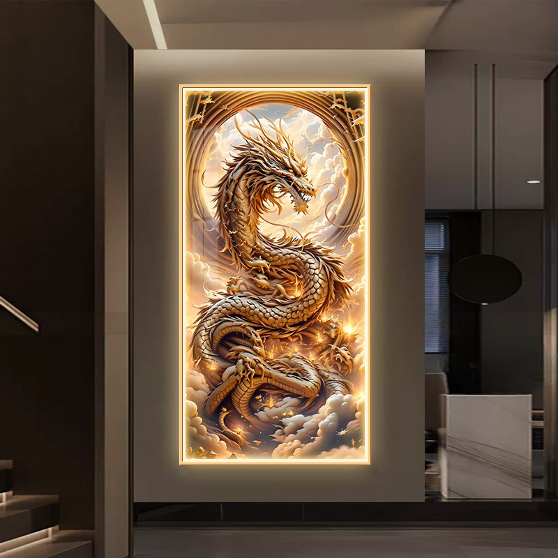 网红光瓷镶钻玄关壁装饰画二生肖十中国龙发画大气酒店晶会所挂画图片