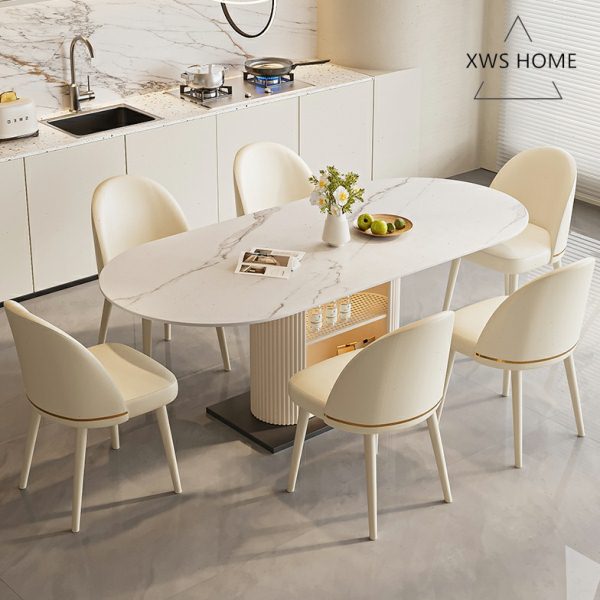 岩板餐桌小户型家用餐桌椅组合轻奢简约奶油风吃饭桌子椭圆形