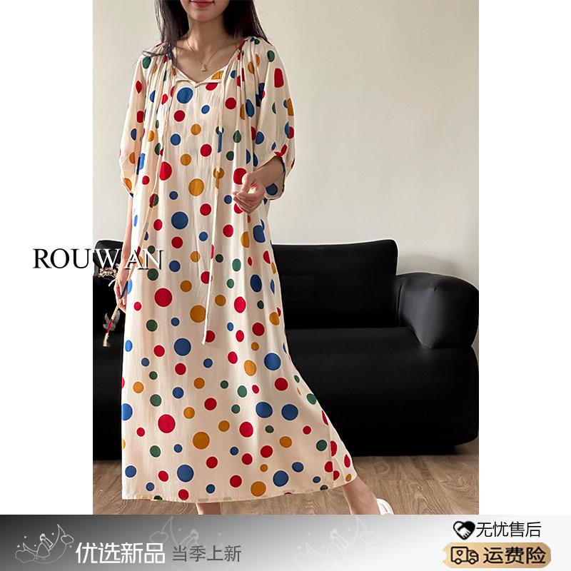 柔软亲肤棉绸睡裙女秋季休闲宽松彩色波点七分袖睡衣居家裙可外穿