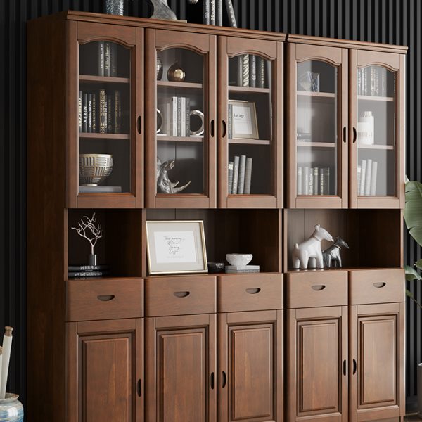 实木橡木书柜带玻璃三门中式书架储物柜立柜学生书橱办公室文件柜