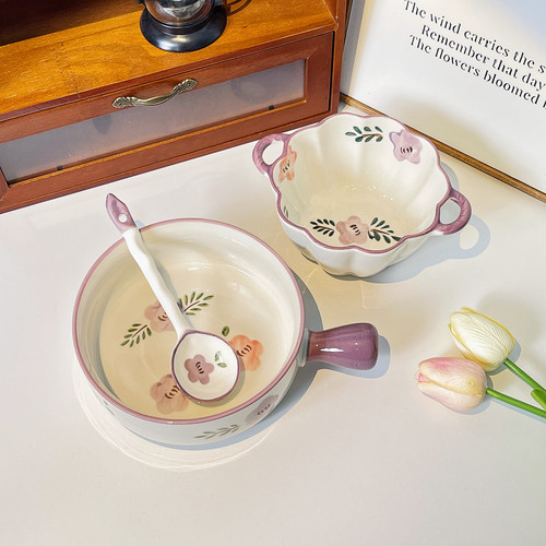 紫萱花陶瓷手把碗高颜值网红创意