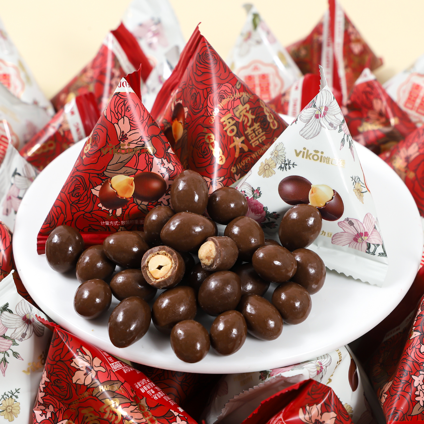 唯口爱吾家大喜巧克力豆糖果麦丽素袋装喜庆包装休闲招待零食