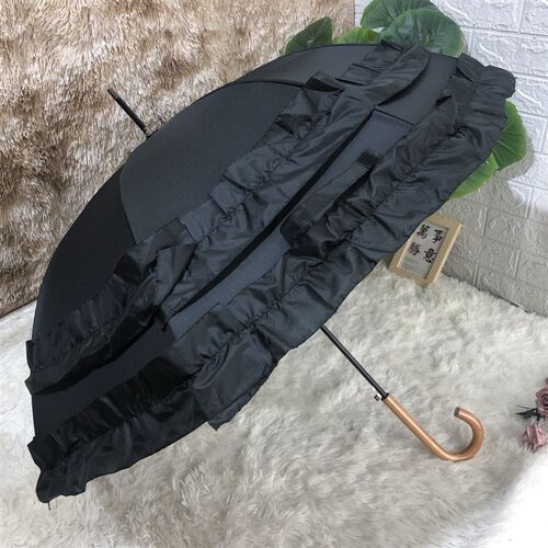 新款日系双层大花边黑色公主伞木柄竹柄黑胶半自动遮阳伞晴雨两用