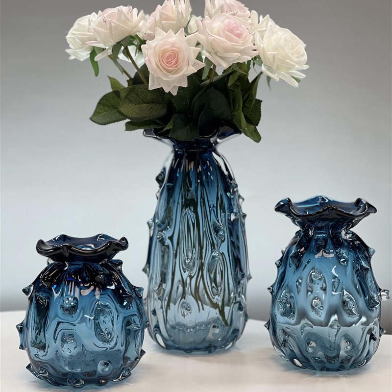 蓝色植奢波重异形厚浪纹琉璃花瓶玻璃绿轻水培工艺品装饰品摆件