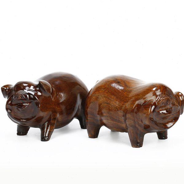 红木雕刻工艺品 实木质生肖猪家居玄关摆件20 可爱小猪仔装饰品