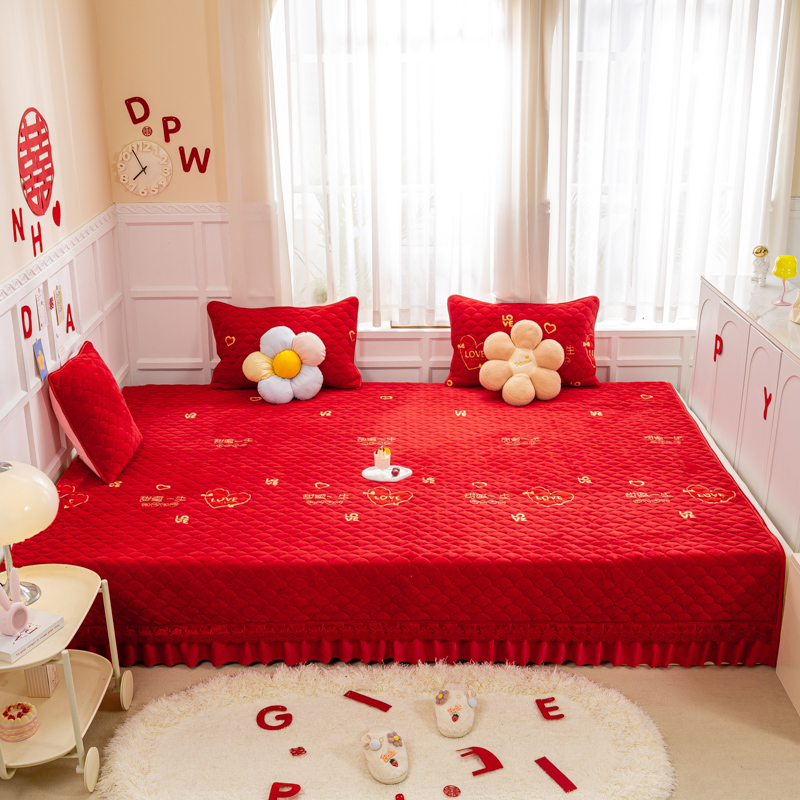 牛奶绒红色床盖婚床加厚床单夹棉垫被珊瑚绒炕盖加Q大3.5m榻榻米