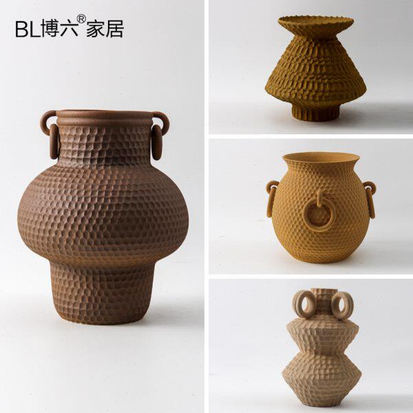 现代新中式双耳陶瓷花器棕色橙色花瓶创意客厅玄关书房装饰品摆件