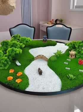 新中式酒店大圆桌转盘装饰品微缩景观圆形微缩摆花景W观餐桌花摆