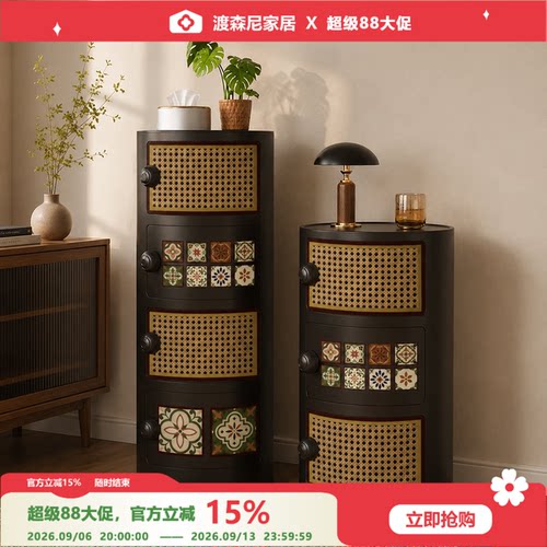 轻奢中古风藤编免安装多层收纳柜