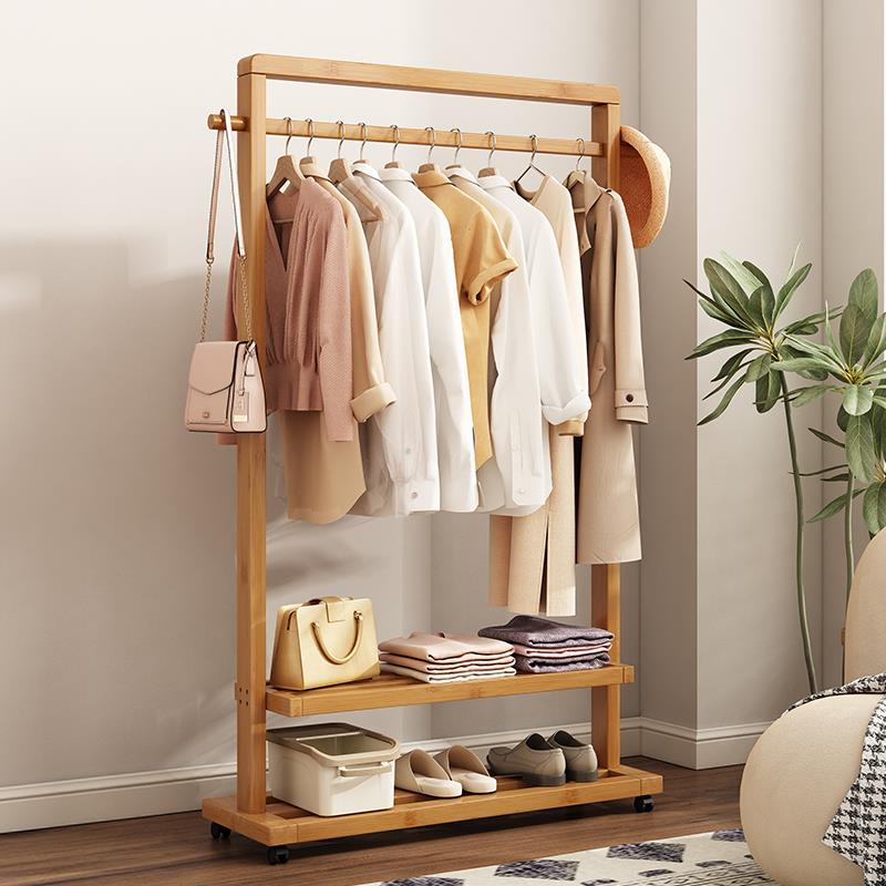 ▇挂衣架落地卧室简易置衣架子可移动室内家用挂衣服民宿实木衣bz