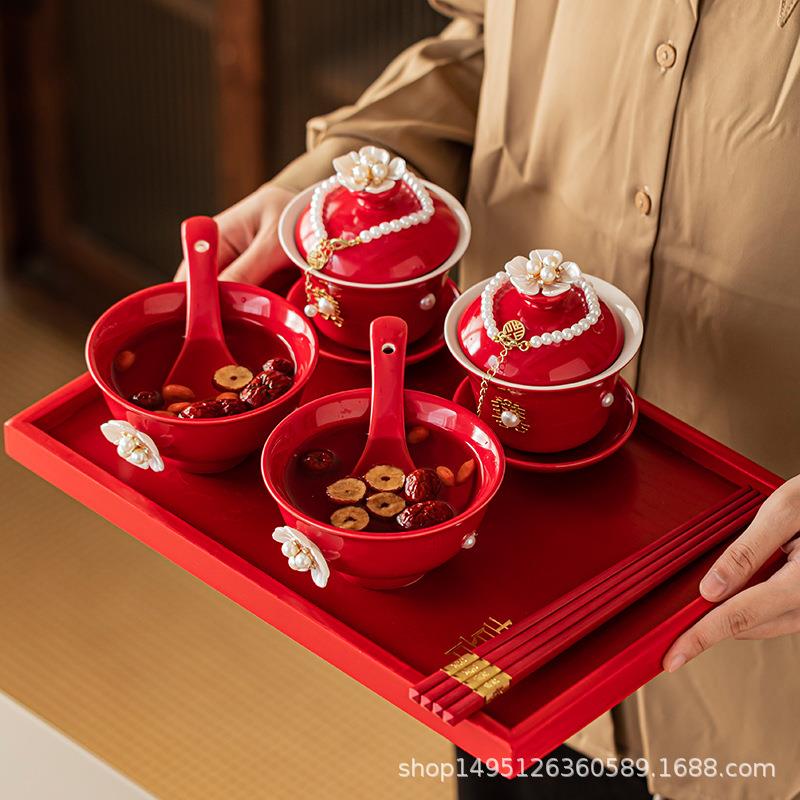 婚庆用品陶瓷手工款敬茶杯喜碗婚礼碗筷套装喜庆套装结婚用品大全