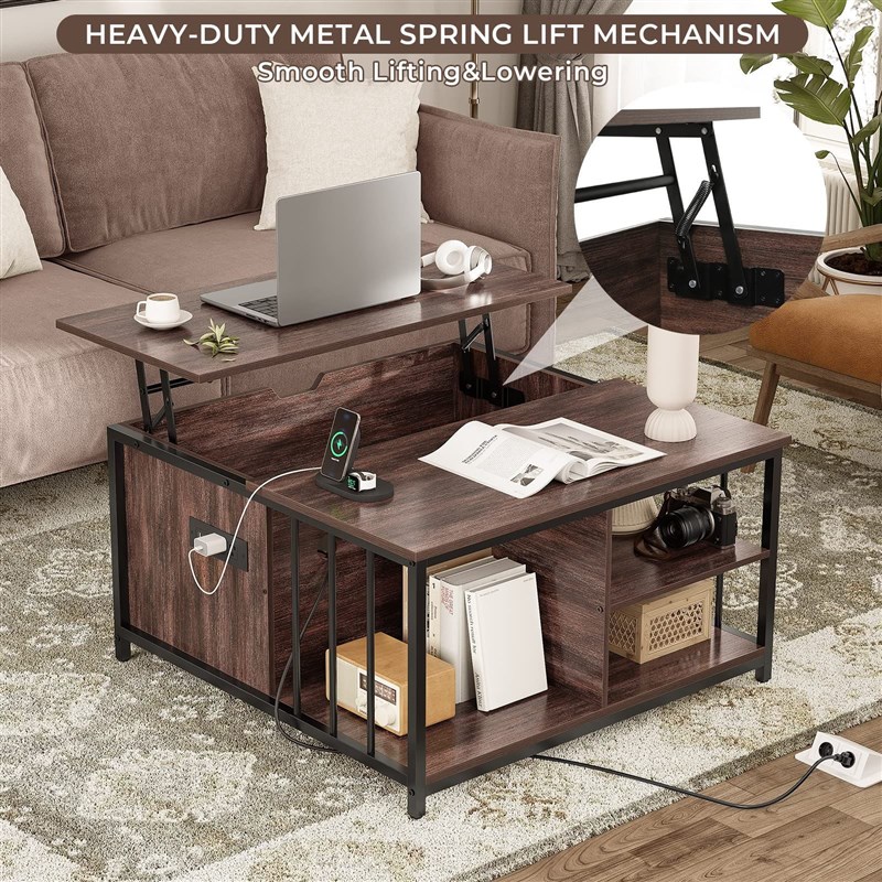 便携式升降式咖啡桌带隐藏式储A物柜隔层储物携带S插座端口插座