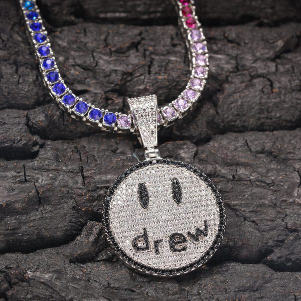 欧美嘻哈项链新款潮流drew笑脸圆形彩钻锁骨链潮人网红情侣饰品