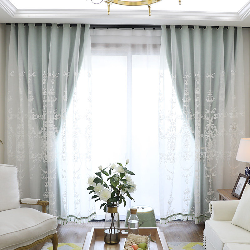 欧式现代简约飘窗双层全遮光卧室客厅落地窗遮阳隔热蓝色窗帘纱帘