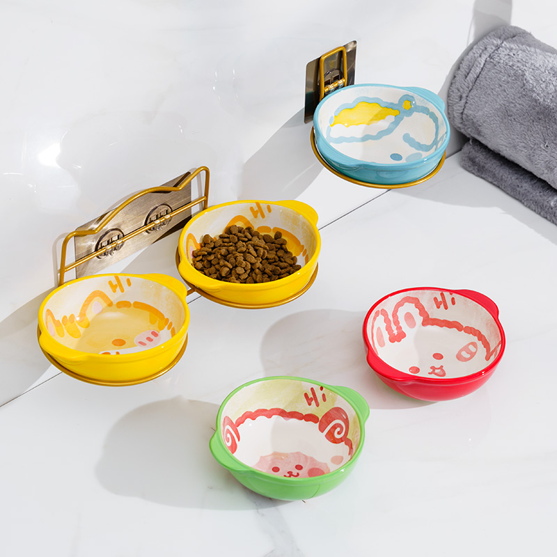 猫碗狗碗可调节高度悬挂式陶瓷防打翻护颈猫食盆单碗双碗宠物用品