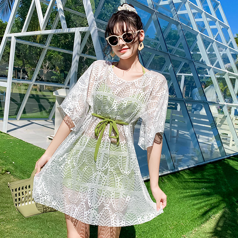 泳衣女分体三件套带钢托平角裙式性感聚拢蕾丝罩衫比基尼显瘦泳装