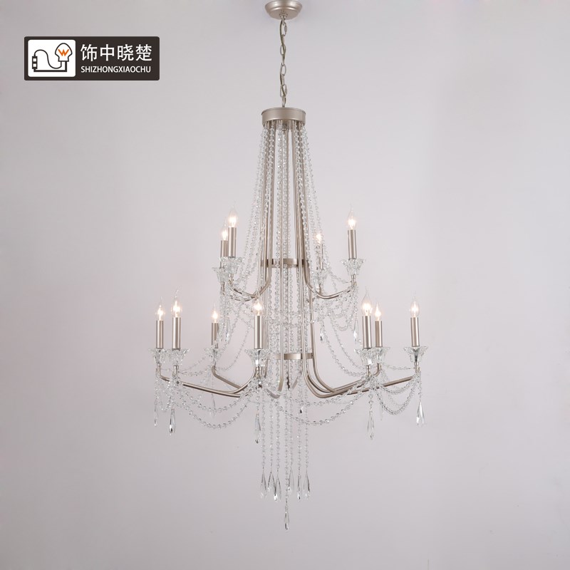饰中晓楚 法式复式楼客厅大吊灯美式别墅挑高大厅楼梯双层水晶灯