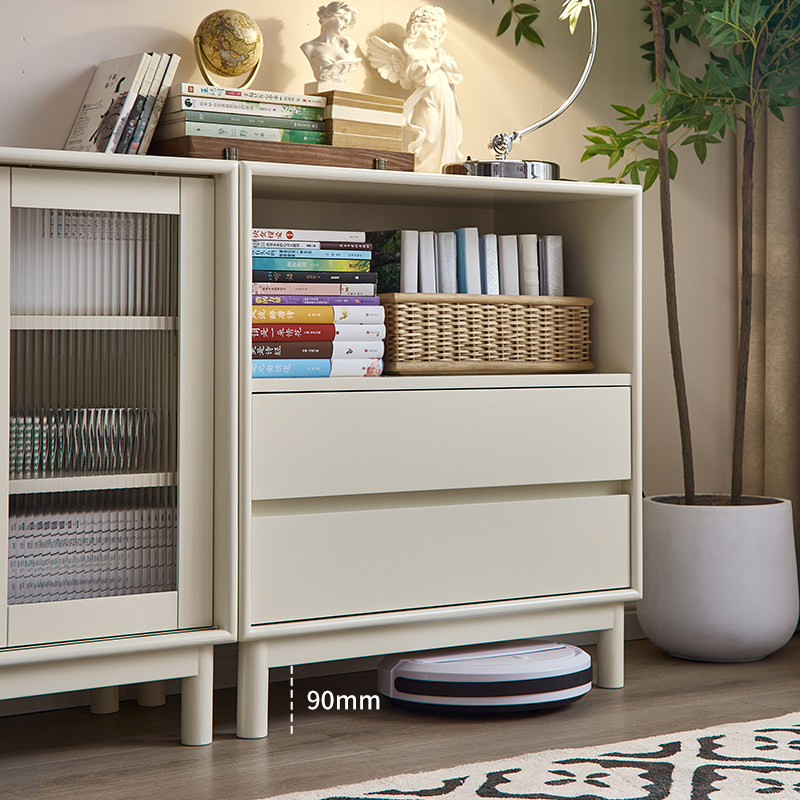 萨洛美式白色实木书柜模块化组合书架云朵奶油风玻璃门置物展示柜