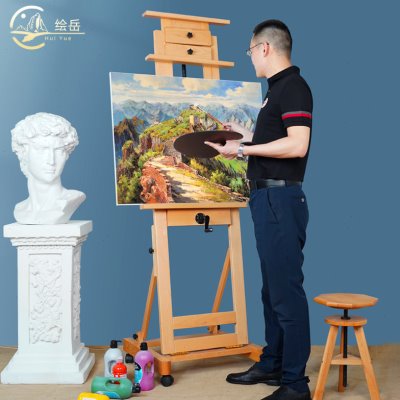 绘岳榉木油画架单手摇画架双摇杆可升降前倾落地画架实木质成人架