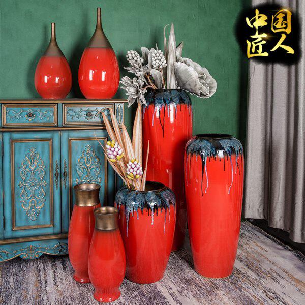 欧式复古陶瓷器大花瓶摆件客厅插花台面落地陶罐酒店装饰品中国红