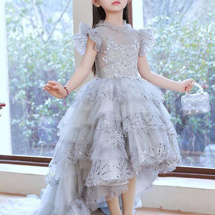 小主持人礼服女童高端模特走秀气质拖尾裙儿童生日钢琴演奏演出服