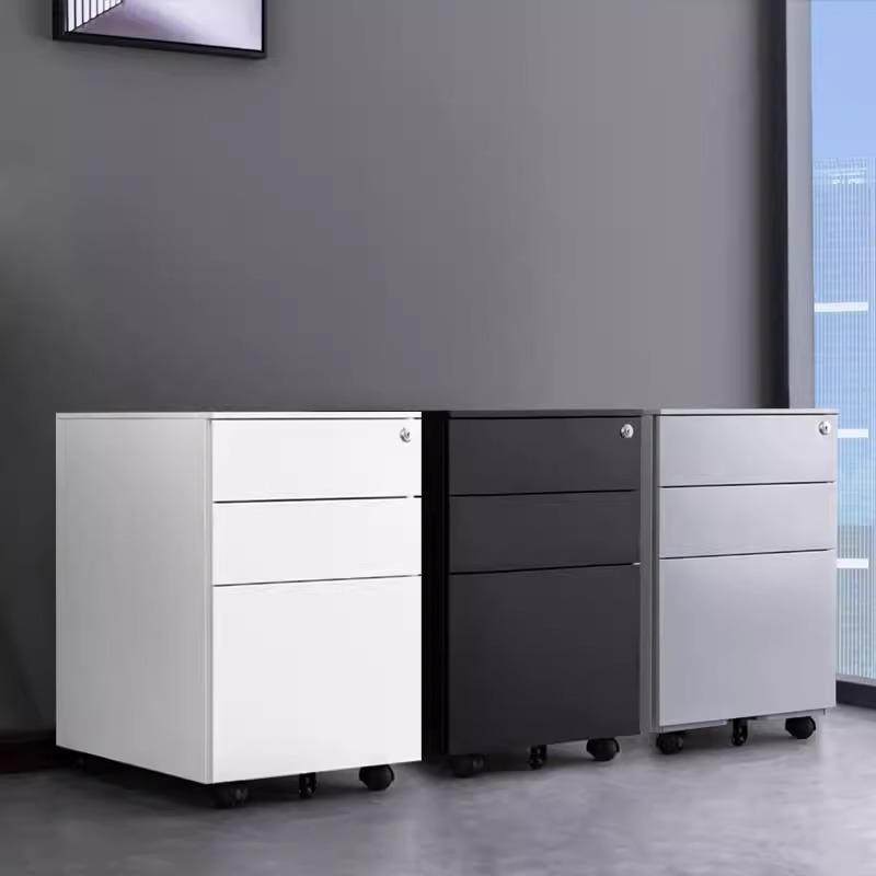 钢制桌下活动三抽柜资料柜办公室圆弧带锁抽屉柜小矮柜移动收纳柜
