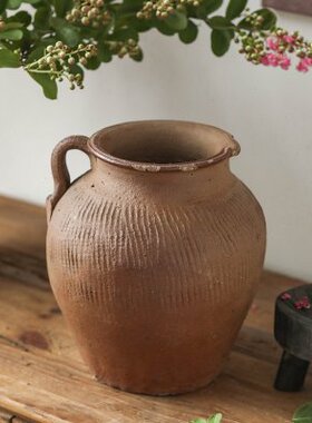 单耳粗陶花瓶摆件插花侘寂风黄色复古土陶罐子陶瓷客厅装饰摆设