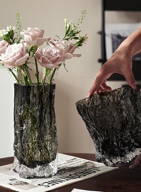 花瓶2024新款冰川玻璃大口径轻奢高级感客厅水培鲜花插花餐桌摆件