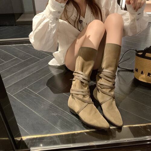 牛皮版~阿希哥同款西部牛仔靴女2024年新款百搭堆堆靴尖头骑士靴