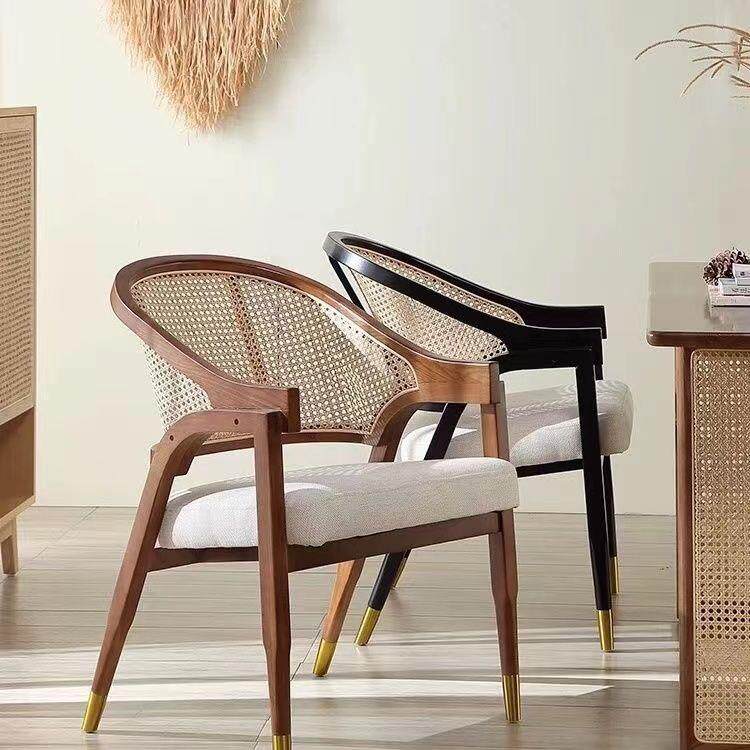 北欧复古简约餐椅实木藤编家用餐厅民宿软包设计师休闲椅单人椅子
