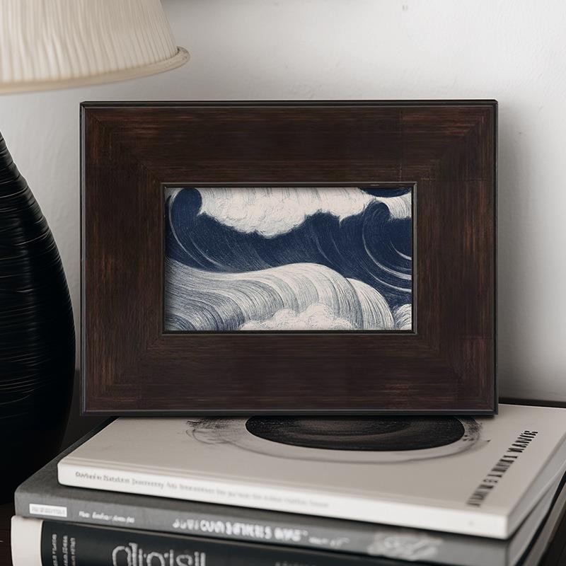 牛仔蓝氛围感中古海浪日式浮世绘哑光油布客厅餐厅装饰挂画实木框
