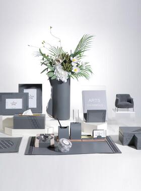 梵茜简约现代高级灰色超纤皮革纸巾盒桌面文具收纳桌垫摆件