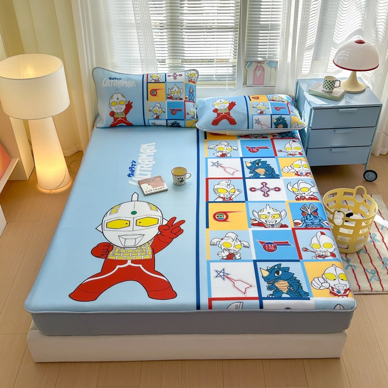 夏季儿童空调凉席床笠款三件套可水洗卡通奥特曼冰丝席学生床垫子