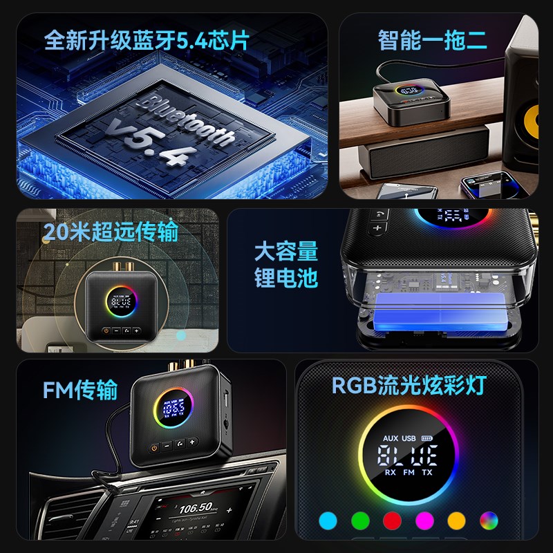 5.4蓝牙接收器转老音响功放专用车载FM音频发射器适配器改装模块