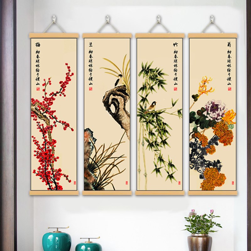 梅兰竹菊画新中式装饰画布艺挂画春夏秋冬国画客厅沙发背景墙壁画图片