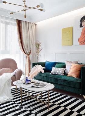 北欧布艺双三人沙发isn轻奢美式现代拉扣丝绒墨緑色卧室单人沙发