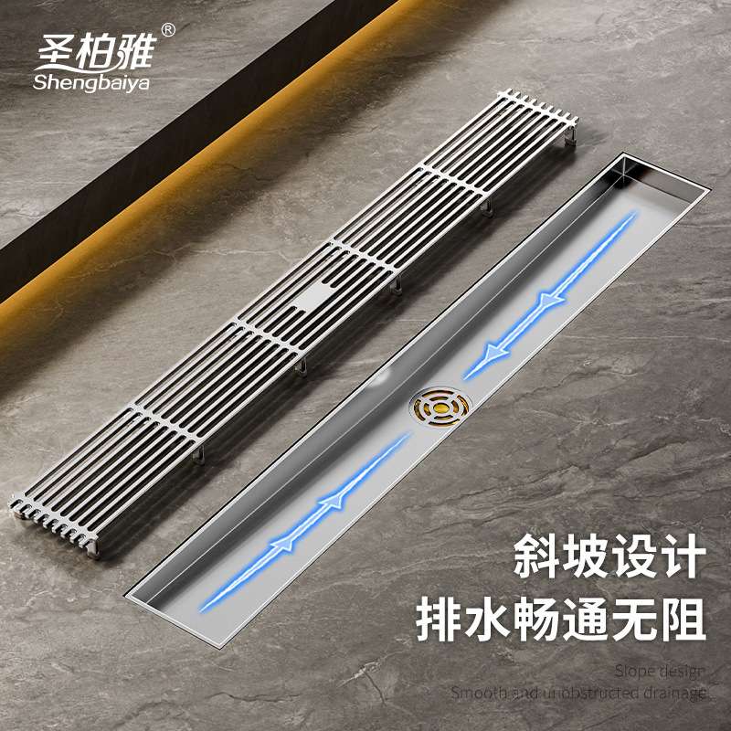 带斜坡排水淋浴房地漏 浴室加长条型304不锈钢防臭地漏长方形竹排