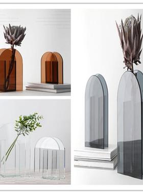 现代简约轻奢蓝色拱形圆形插花玻璃花瓶餐桌装饰花器家居桌面摆件