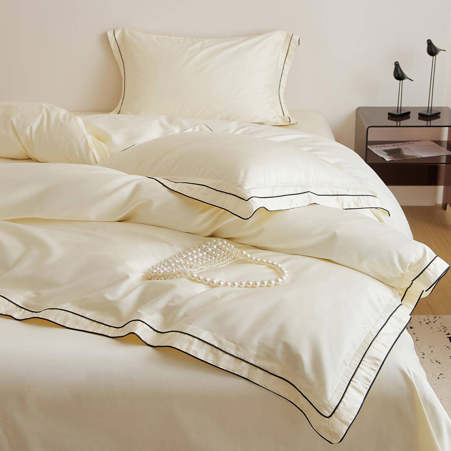 高端100s长绒棉宽边滚绳四件套床笠纯棉贡缎裸睡简约纯色