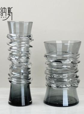 简约轻奢腰部缠丝直筒灰色玻璃插仿真花瓶北欧餐客厅创意家居摆件